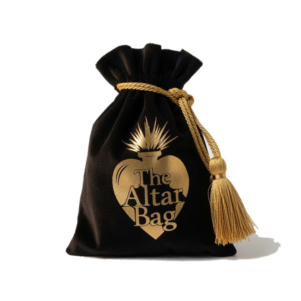 The Altar Bag velvet keepsake bag with gold Sacred Heart emblem and gold tassel